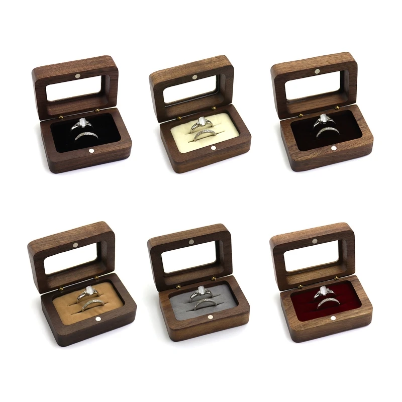 

F19D Walnut Wooden Ring Box with Soft Velvet Interior for Both Proposal Engage Dating Engagement Wedding Rings
