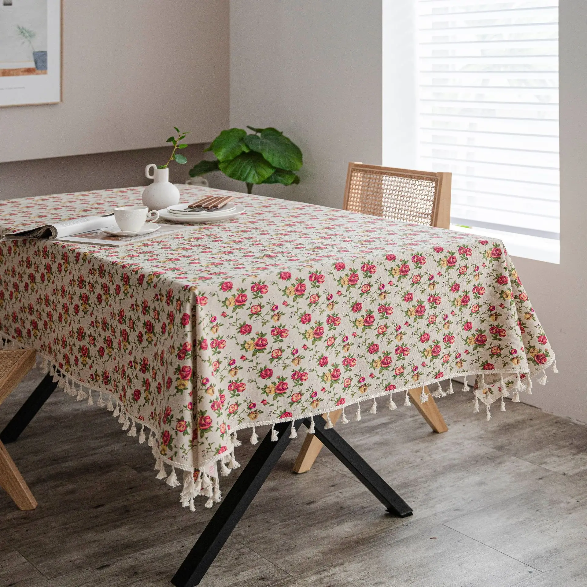

Rustic Tablecloth Cotton Linen Dustproof Table Cloth for Kitchen Wrinkle Free Farmhouse Dining Table Cover Protector with Tassel