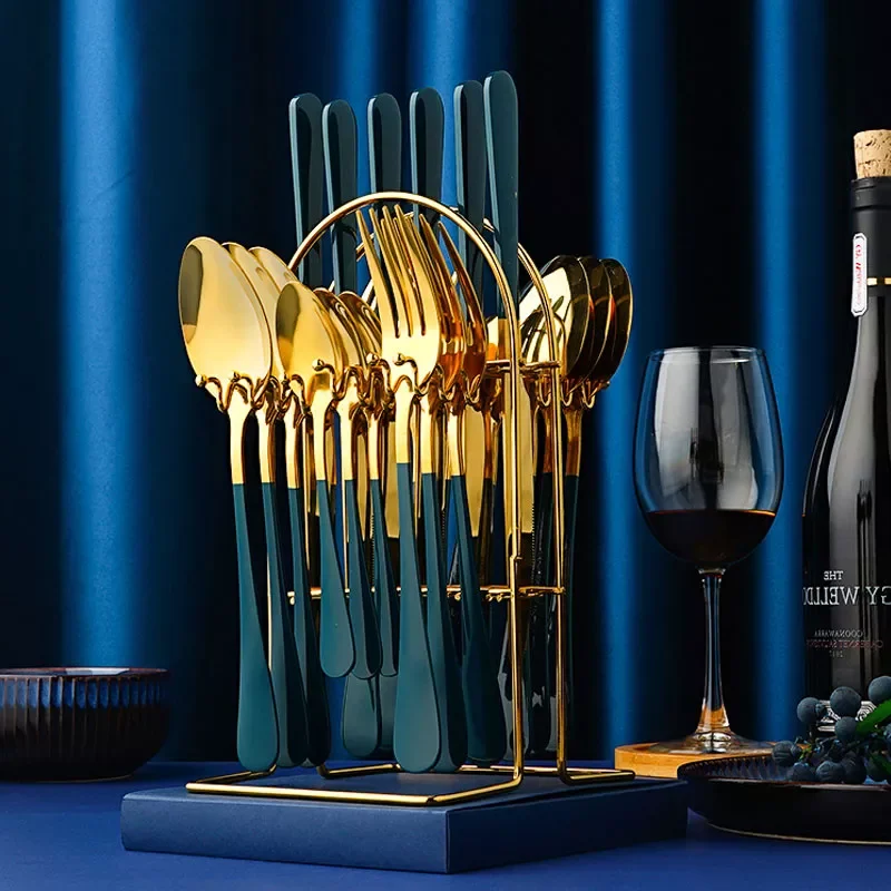 

24pcs Gold Dinnerware Set Tableware Set Stainless Steel Knife Fork Spoon Luxury Cutlery Set With Storage Rack Dishwasher Safe