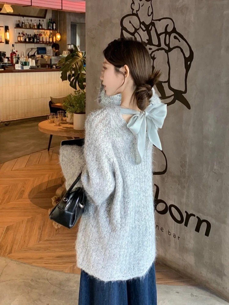 Осенне-зимний двусторонний свитер в корейском стиле с милым бантом женский