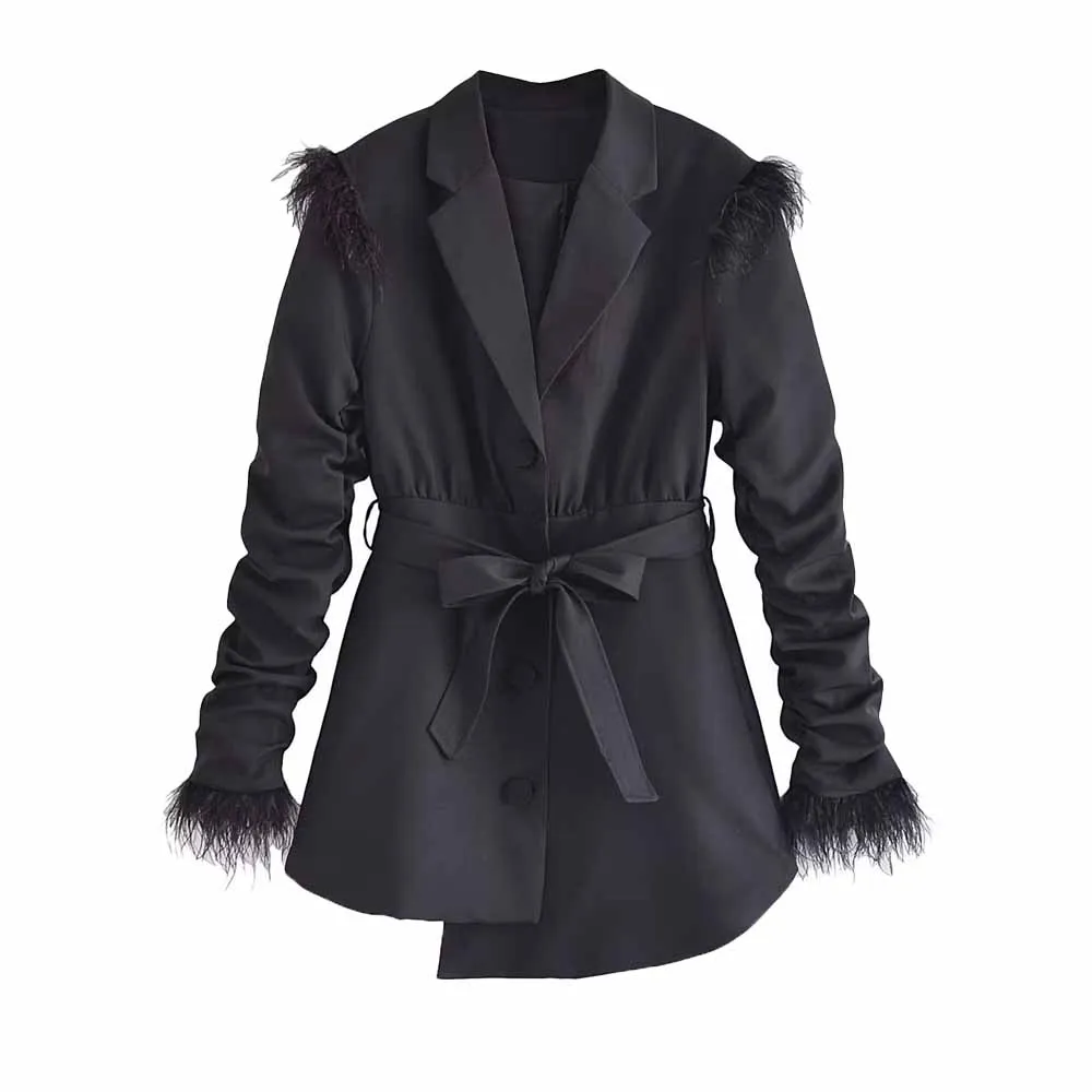 

TRAF WOMEN 2022 Fall/Winter New Feather Decoration with Belt Pleated Suit Jacket Design Sense Irregular Retro Female Chic Blazer