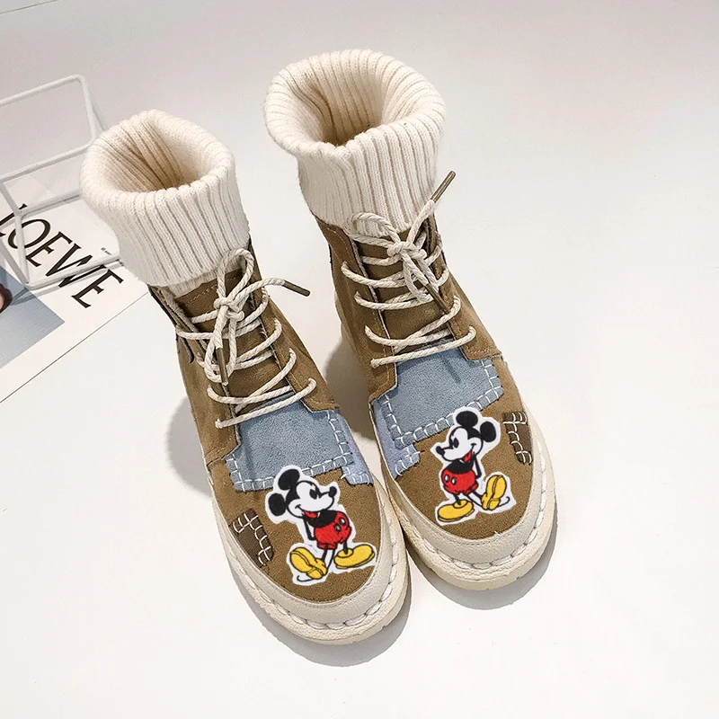 

Модные ботинки-мартинсы в стиле ретро с высоким берцем, с мультяшным изображением Принцессы Диснея, Осень-зима, носки с Микки Маусом, женски...