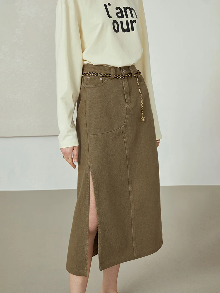 Юбка женская джинсовая средней длины с разрезом и высокой талией - купить по