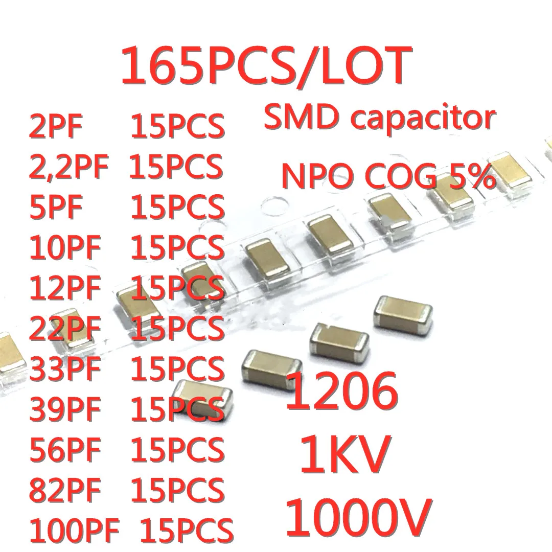 

165PCS/LOT 1206 2PF 2,2PF 5PF 10PF 12PF 22PF 33PF 39PF 56PF 82PF 100PF 1000V 1KV SMD capacitor NPO COG 5% NPO COG