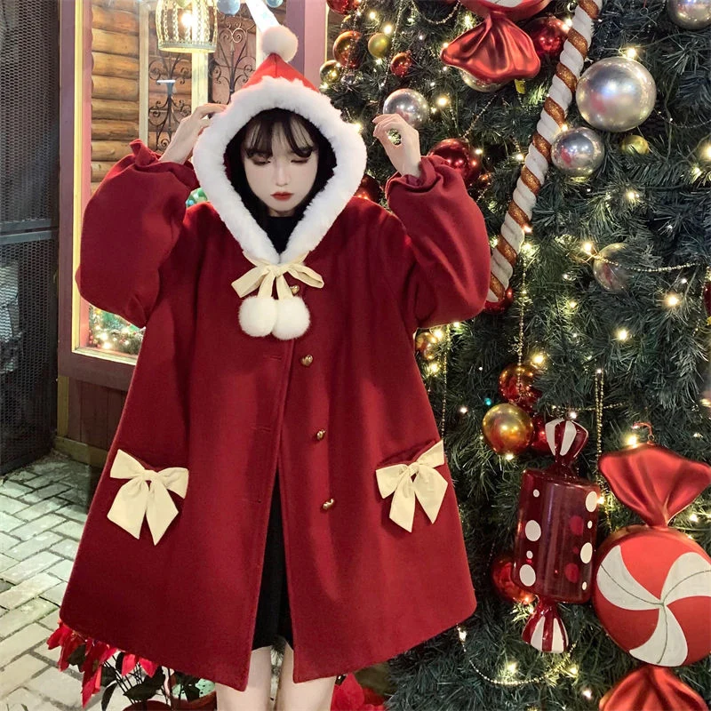 

Christmas Jacket For Women Hooded Woolen Trench Coat Kawaii Lolita Overcoat Winter2022 Streetwear Women College Style Winterwear