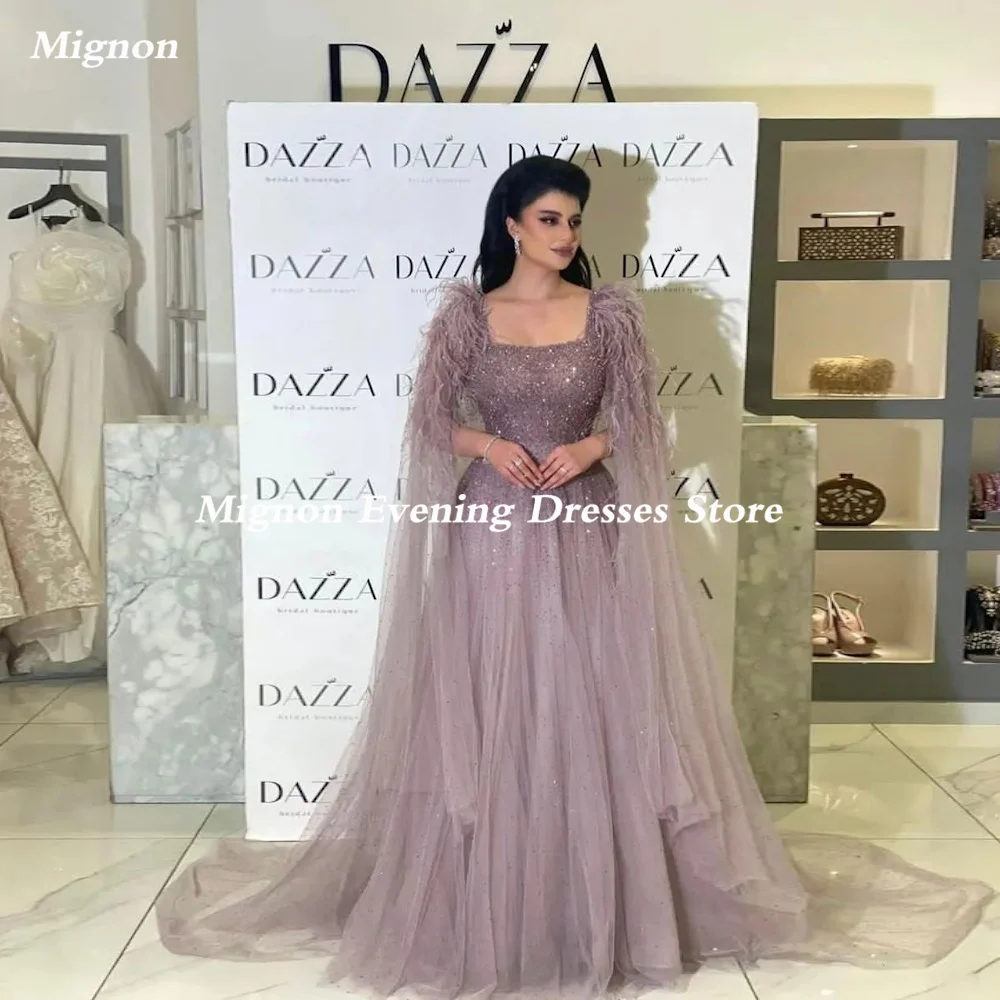 

Mignon Tulle Boat Neck A-line Feathers Sequins Ruffle Prom Gown Floor-length Formal Elegant Evening Party Dress for Women 2023