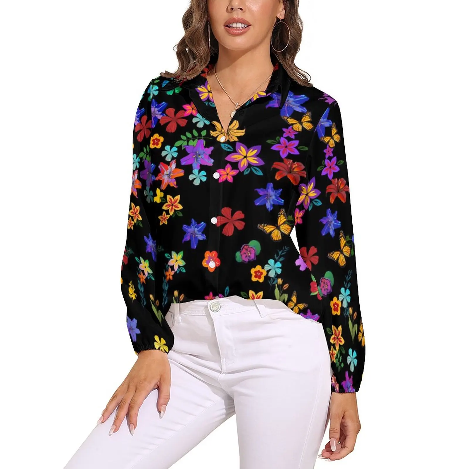 

Glorious Floral Blouse Long Sleeve Colorful Flowers Cute Blouses Women Street Style Oversized Shirt Design Clothes Birthday Gift