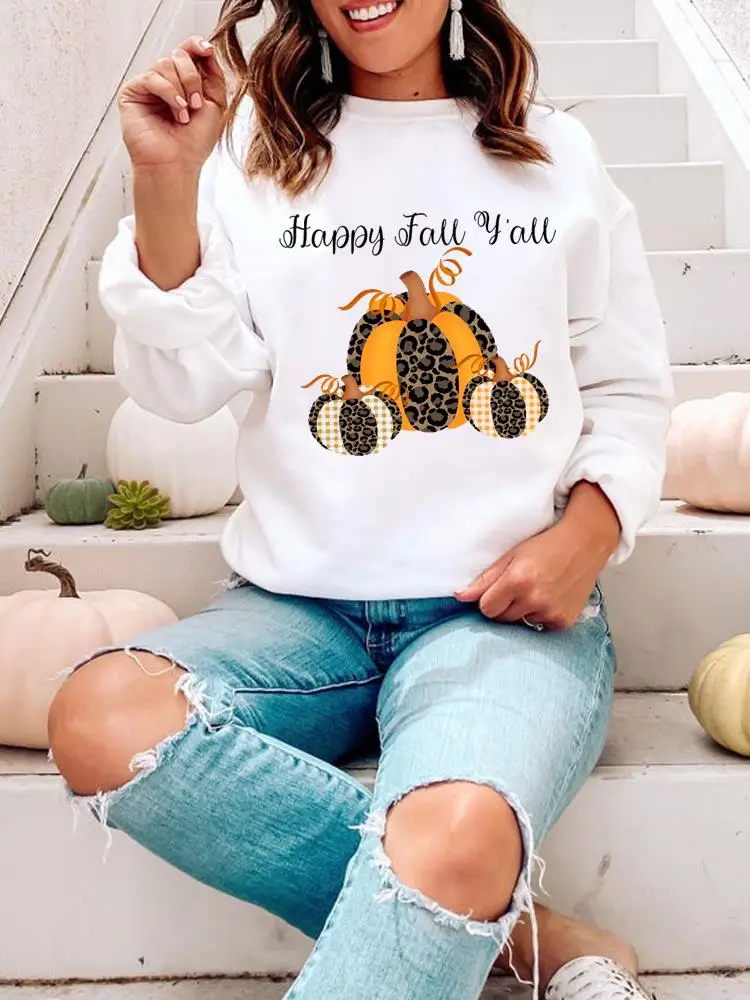 

Женский свитшот с принтом леопарда и тыквы, Осень-зима