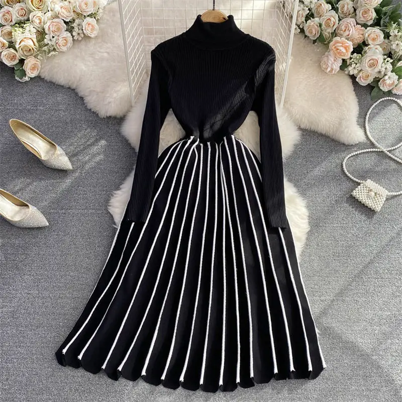 Autumn And Winter High-Neck Thickened Sweater Bottoming Dress Design A-Line Striped Pleated Knitted Dress Women Base Shirt T506
