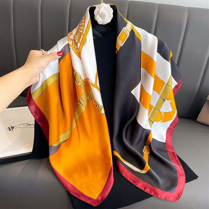 

Женский атласный Шелковый квадратный шарф, модный дизайнерский головной платок с принтом, роскошные брендовые шарфы для путешествий, повседневный Универсальный хиджаб, 90x90 см