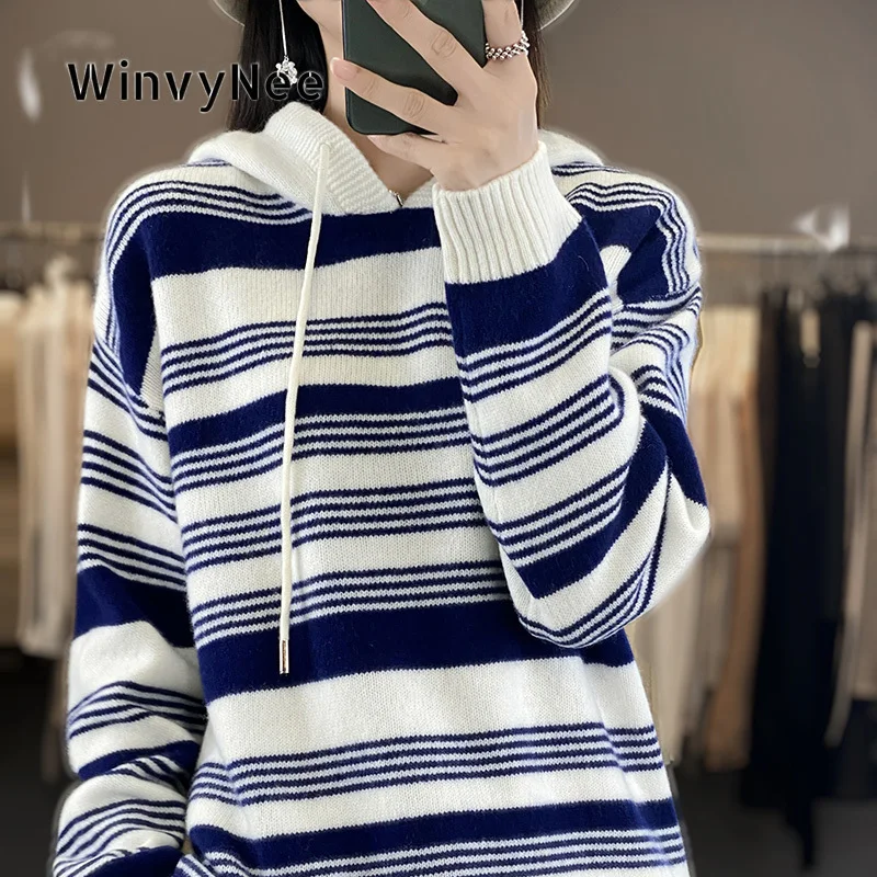 Фото Женская вязаная туника WinvyNee с капюшоном и круглым вырезом, теплая, 100% шерсть, в полоску, свободного кроя, шелковистая, стильная, для холодной зимы, повседневная одежда, модель A1853006 №2