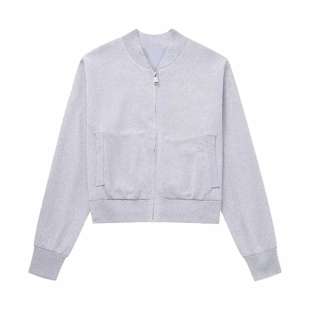 

TRAF Women's Fall 2023 New Metallic Thread Knit Bomber Jacket Coat Female Casual Short Elegant Pocket Jacket Mujer 2142/121