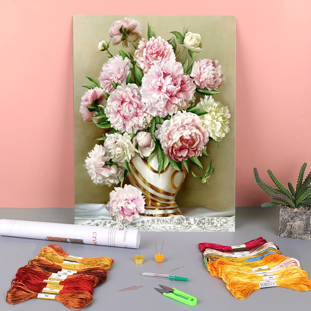 Вышивка крестиком 11CT с цветочным принтом пиона Набор для вышивки DMC нитки ручная