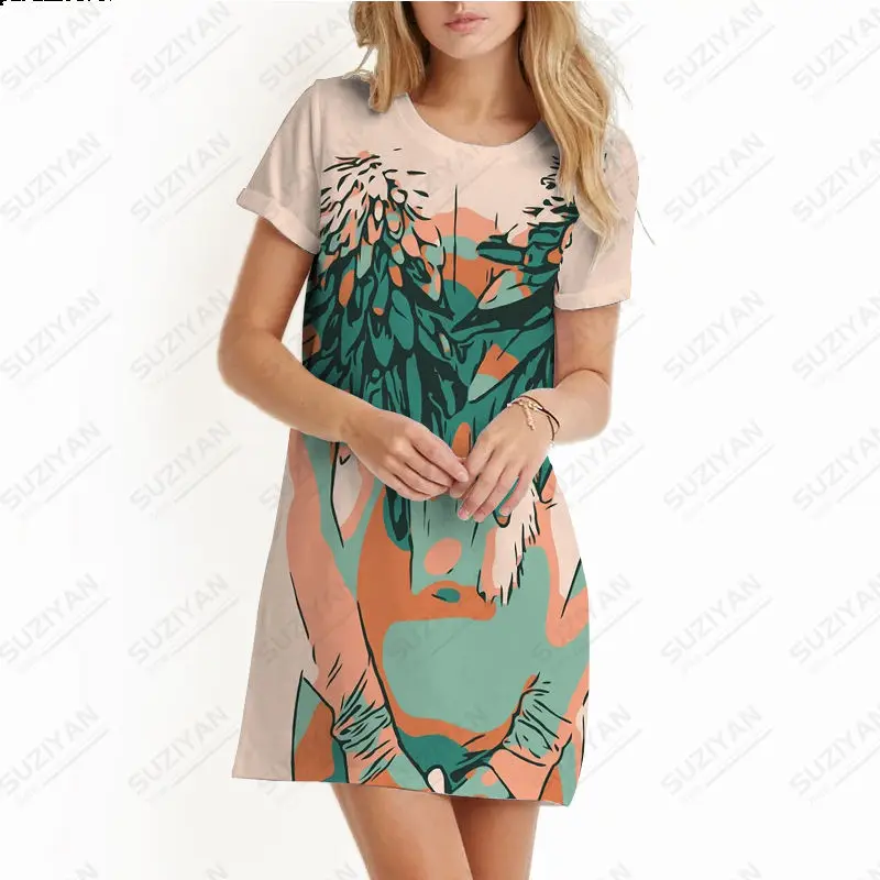 

New Summer Dress Short Sleeves Round Neck Pullover 3D Print Dress Loose Casual Plus Size Home Homestay Hawaiian Girl Pattern