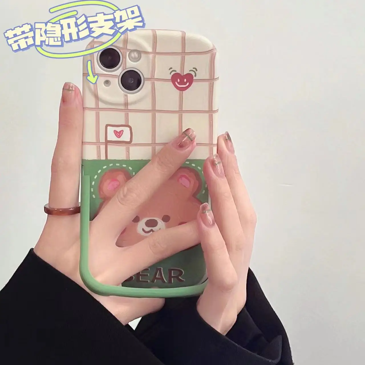 

Ins Cute Bear Pattern For iphone 13 12 11 Pro X XR XS Max 8 7 Plus SE 2020 Liquid Bracket Phone Case Cover With Stand