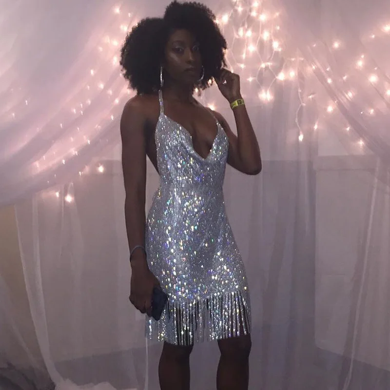 

Новое платье стразы с глубоким V-образным вырезом и открытой спиной, сексуальное платье на бретельках для ночного клуба, карнавала, шоу, женские длинные платья для женщин, платье на день рождения