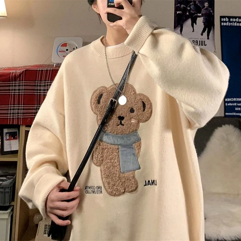 

Винтажный флисовый Свитер оверсайз с мультяшной вышивкой медведя 2022 Зимний вязаный пуловер свободного кроя с круглым вырезом в стиле хип-хоп Уличная кавайная одежда