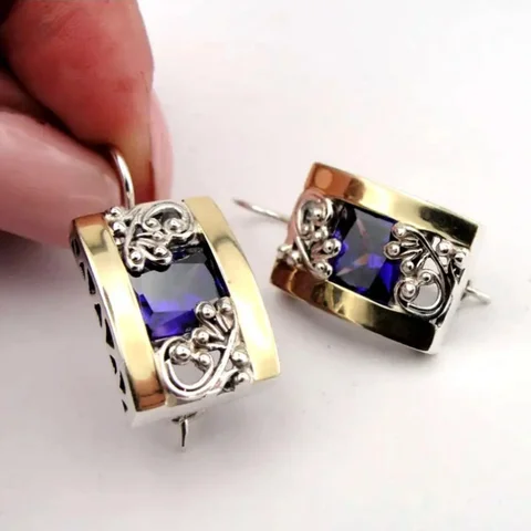 Винтажные полые изогнутые серьги из ротанга, персонализированные модные серьги с цирконием, металл, серебро, фиолетовый цвет, разноцветные серьги