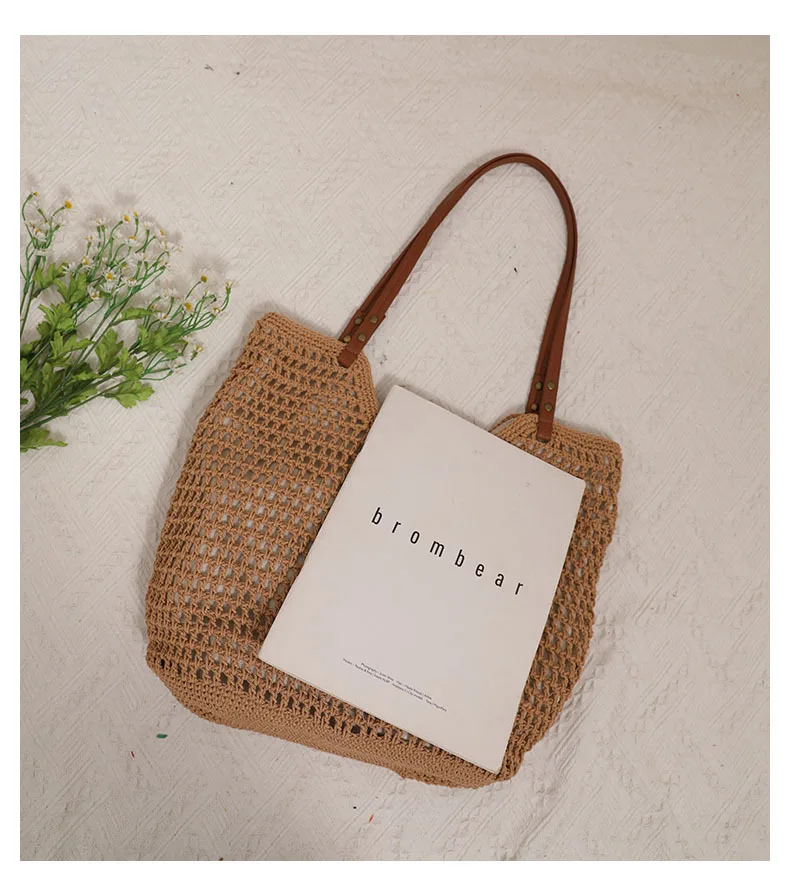 Leisure Hollow Out Knit Shoulder Cotton Thread Eco Rattan Woven Bag Summer Beach Sea Vacation Bag Women's Tote Bag Handbags