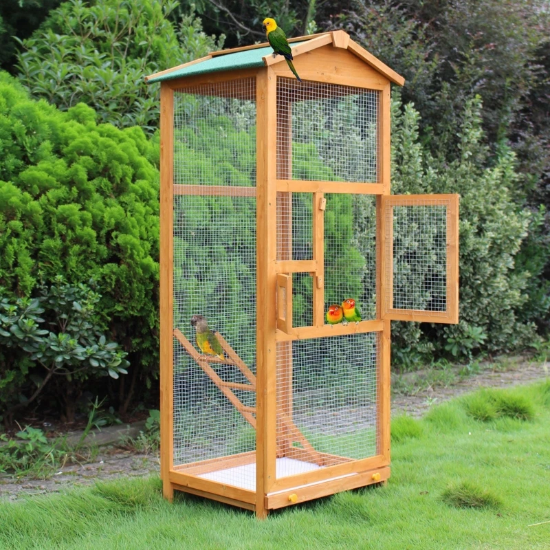 

Wooden Large Bird Cage 65" Pet Play Covered House Ladder Feeder Stand Outdoor with 2 Doors Removable Tray