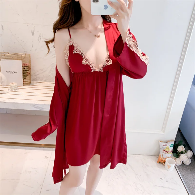 

Embroidery Sleeve Kimono Bathrobe Spaghetti Strap Nightgown Sexy Women Sleepshirt Lace Baggy Home Clothes Silkly Robe Suit