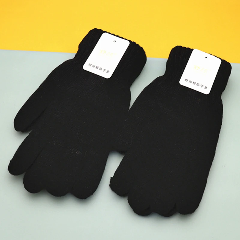 

Зимние перчатки для мужчин и женщин, 1 пара, черные однотонные вязаные теплые двухслойные повседневные перчатки для взрослых, перчатки для велоспорта на открытом воздухе