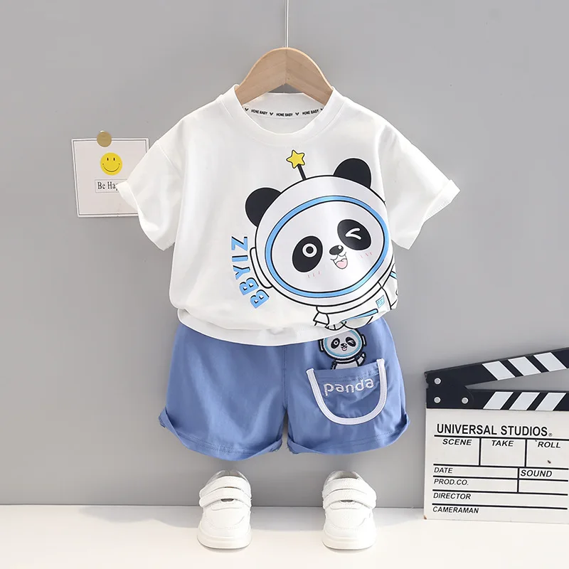 

2022 Summer New Children's Cartoon Panda Short Sleeve T-Shirt Boys And Girls' Casual Cowboy SHORTS Two-Piece Set