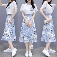 womens suits summer 2022 new fashion casual slim temperament floral t shirts skirts womens two piece sets sj431