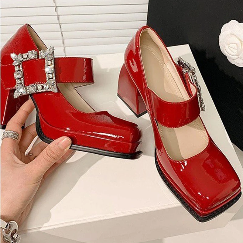 

Женские босоножки на массивном каблуке, туфли-лодочки с квадратным носком и кристаллами, в стиле ретро, Лолита, весна 2023