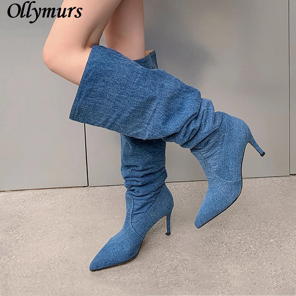 

Blue Denim High Boots Thin Heel High Heel Fold Women's Boots Summer