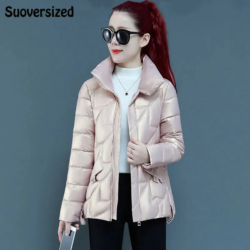 

Loose Oversized 4XL Stand Collar Winter Jacket Women Korean Long Sleeve Short Coats Elegant Warm Cotton Padded Thicken Parkas