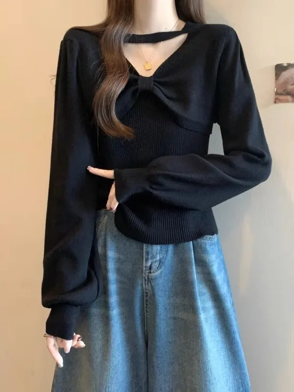 Вязаная женская вязка с бантом и v-образным вырезом осень-зима 2024 большие размеры