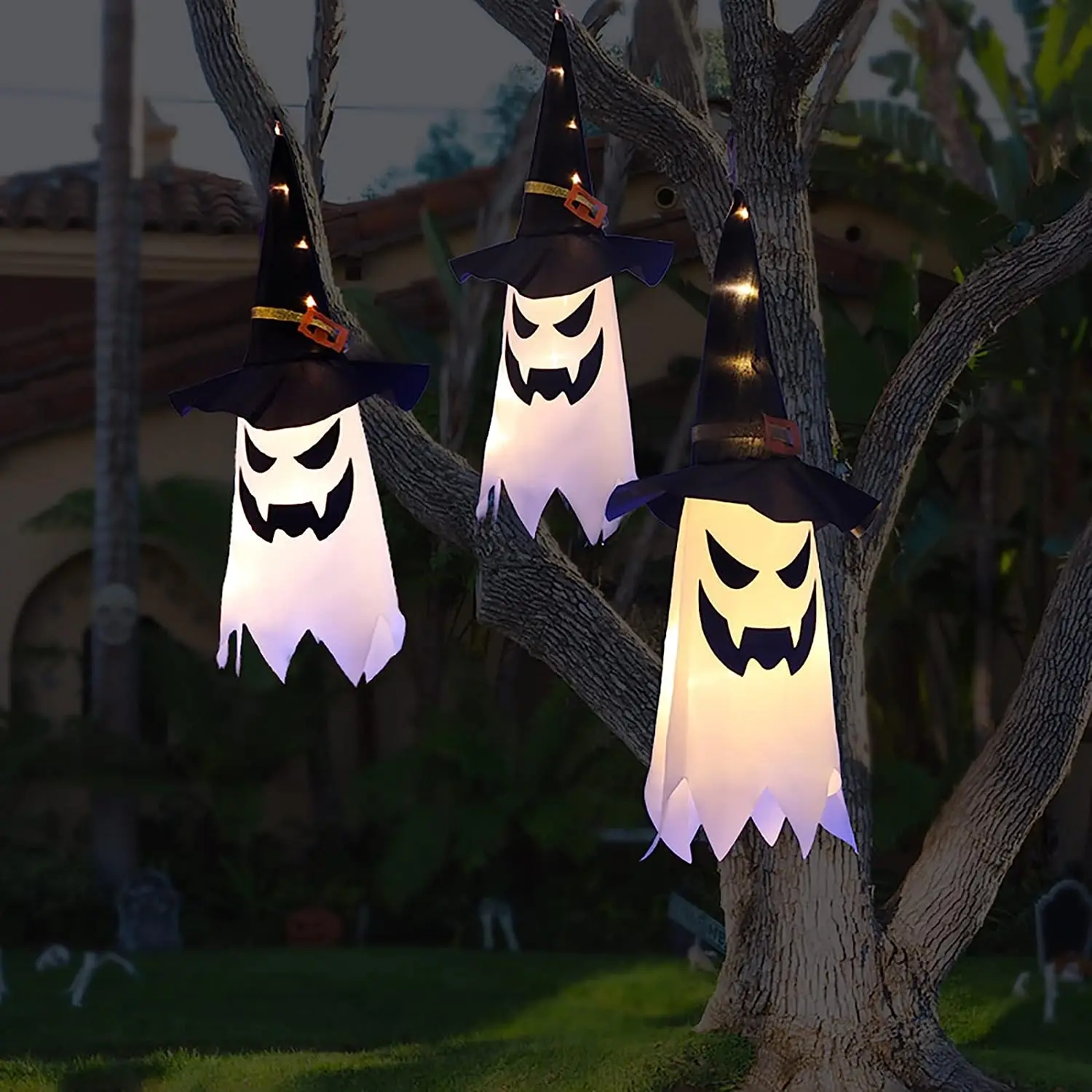 

Halloween Decorations Hanging Lighted Glowing Ghost Witch Hat Outdoor Halloween Party Lights String for Yard Tree Garden(3Pcs)