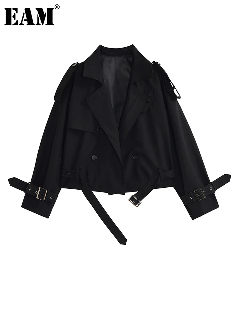 

[EAM] Loose Fit Black Bandage Short Oversized Jacket New Lapel Long Sleeve Women Coat Fashion Tide Spring Autumn 2022 1DE1106