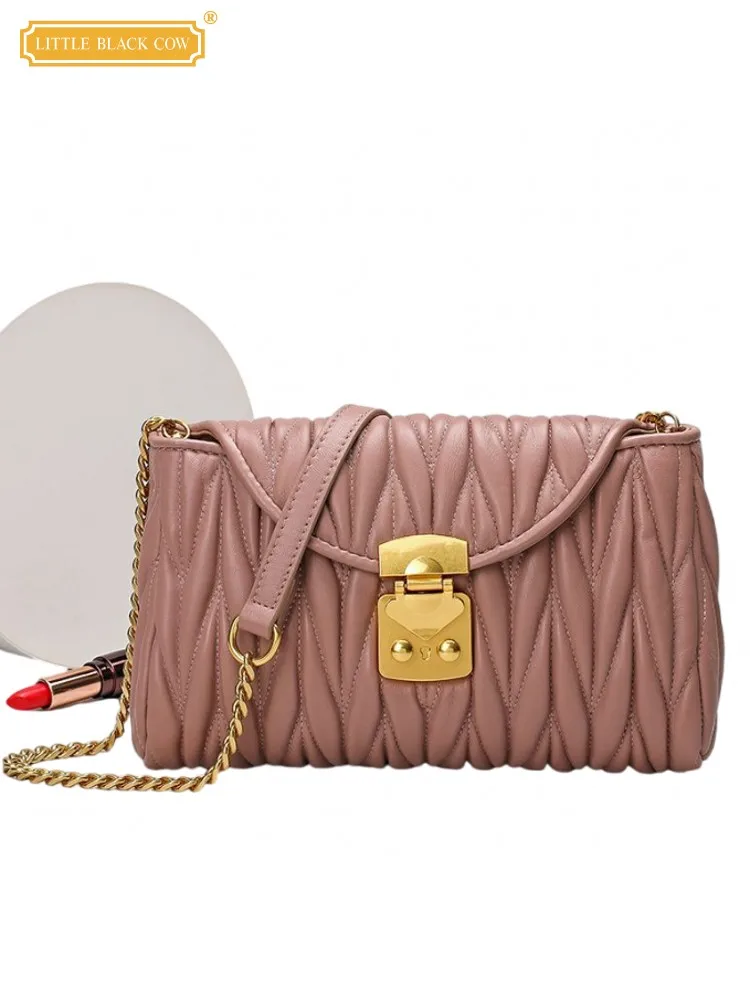

Elegant Women Sheepskin Genuine Leather Shoulder Bag Pleated Golden Chain Strap Crossbody Bags Office Ladies Work Satchels Bag