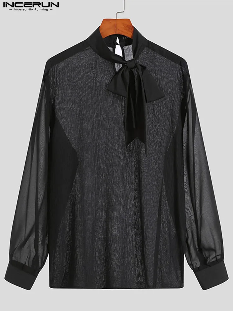 

INCERUN 2022 Men Shirt Mesh See Through Tie Lace Up Solid Color Stand Collar Long Sleeve Sexy Men Clothing Fashion Camisas S-5XL