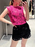 womens rose red hollow out crochet tank top 2022 summer new fashion ladies slim sexy sleeveless short top