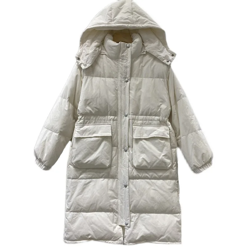 Knee Down Jacket 2022 Winter New Dongdamen Hooded Waist Closed White Duck Down Thickened Large Pocket Coat for Women
