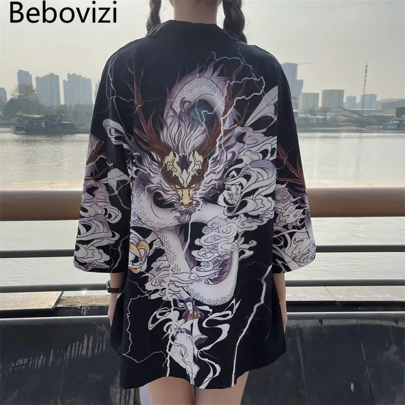 

Кимоно в японском стиле Харадзюку с принтом дракона, пляжные рубашки, Повседневный Кардиган с ремнем Оби, хаори, традиционный юката для косплея