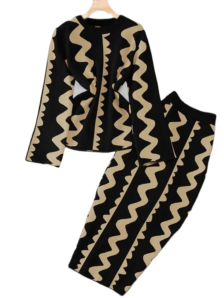 Темпераментный пуловер с круглым вырезом вязаный топ + облегающая юбка высокой