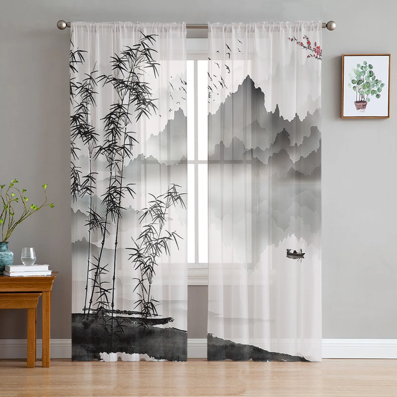 Chinesische Tinte Landschaft Malerei Bambus Voile Tüll Sheer Vorhänge für Schlafzimmer Wohnzimmer Küche Dekor Chiffon Windows Vorhang