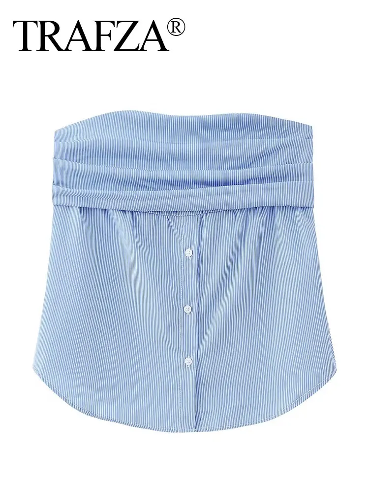 

TRAFZA 2023 Ruched Backless Sexy Tops Woman Fashion Sleeveless Summer Top Women Poplin Off Shoulder Tube Tops For Women