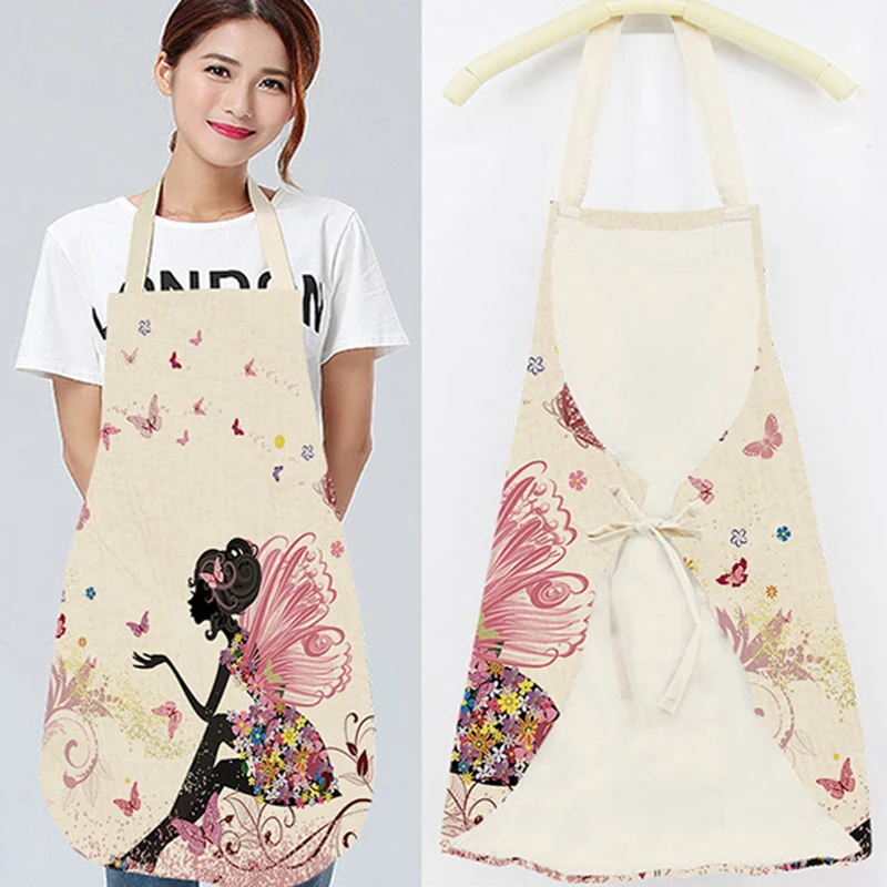 

Cotton Linen Butterfly Flower Girl Printed Aprons Practical Kitchen Cooking Cleaning Aprons American Style Oil-proof Pinafore
