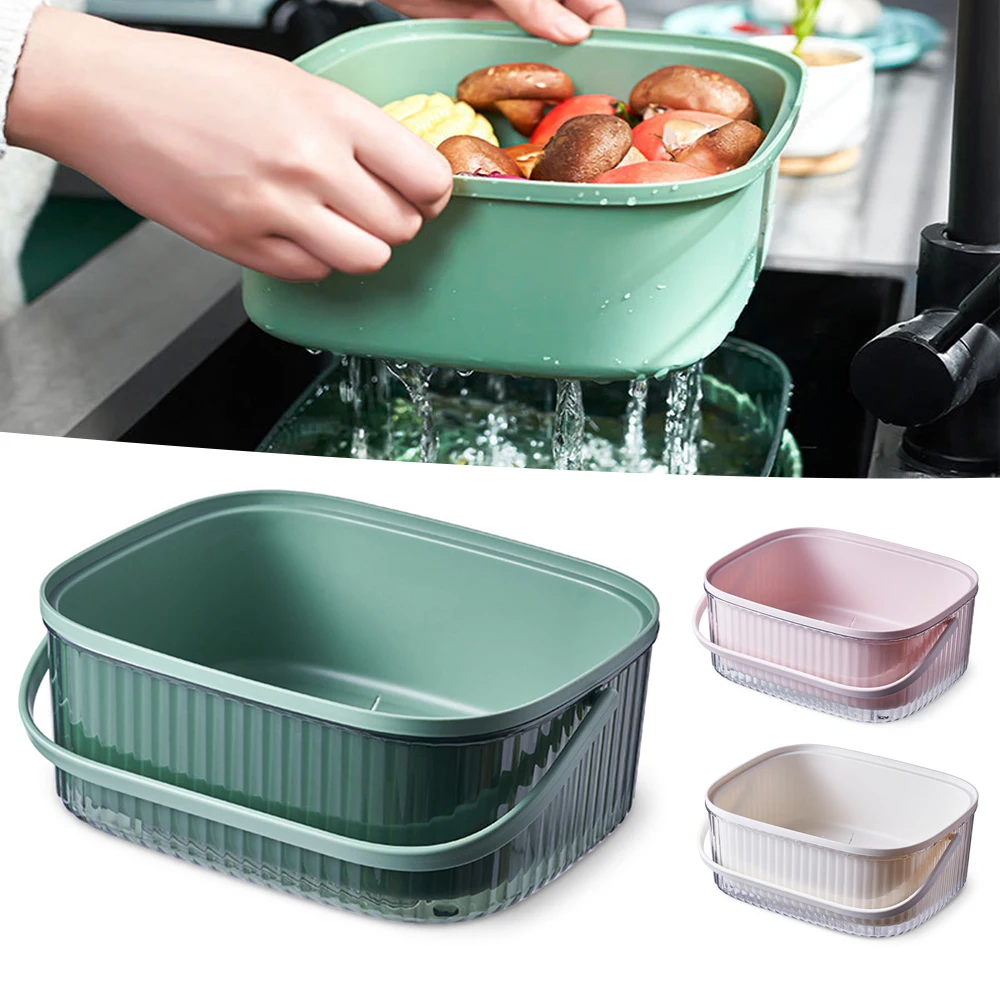 

2-in-1 Kitchen Drain Basket with Handle Drying Storage Rack Washing Fruit Vegetable Rice Sieve Bowl Sets