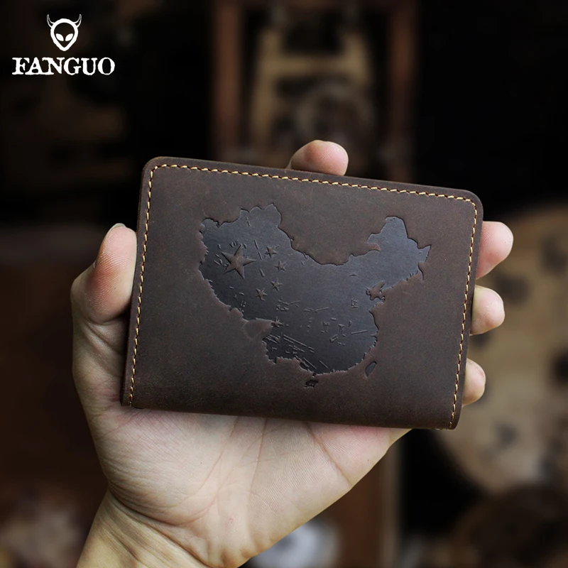 

Crazy Horse Leather Card Wallet Handmade Genuine Leather Driver License Holder Card Pocket Card Bag With China Map Pattern