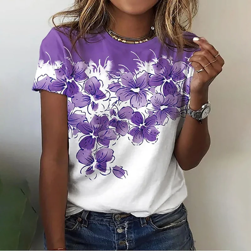 

2022 Summer Fashion Trend Hot Sale 3D Printed T-Shirt Floral Pattern Casual Top Short Sleeve T-Shirt Regular Round Neck Women's