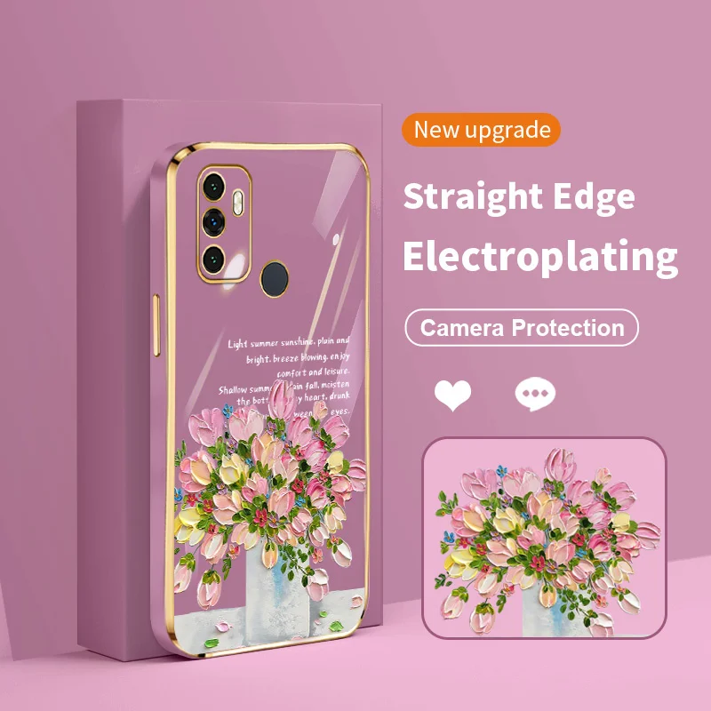 

Little Fresh Girl and Bouquet Electroplating Case for OPPO A53 2020 A11s A33 A32 A53s A53 A54 A55 A72 A73 A74 F19 Reno6 Lite