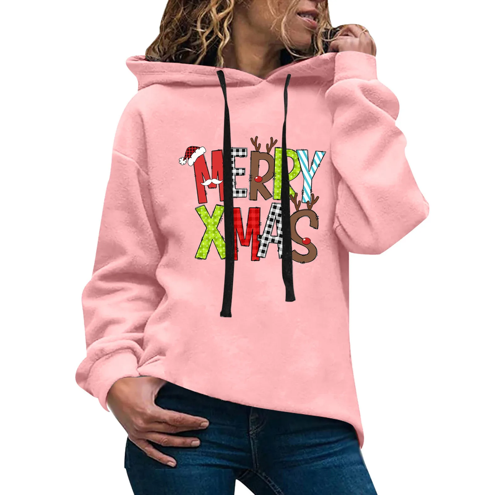 

Женская Повседневная однотонная толстовка с капюшоном, длинные свитера с рождественским принтом, рубашки, Женская толстовка на молнии на ч...
