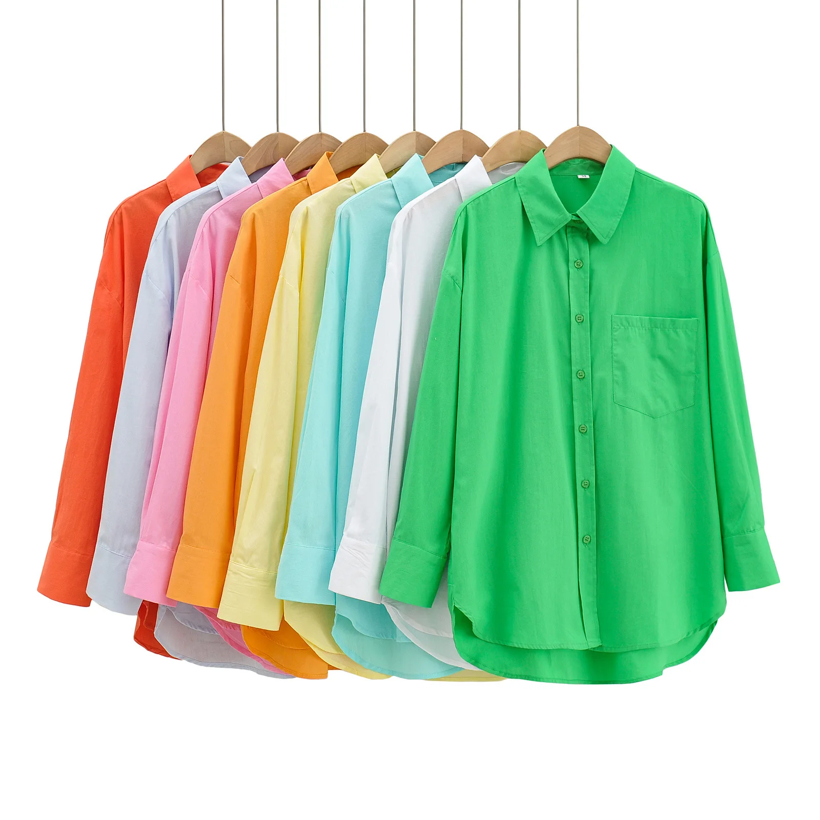 

Spring solid color front short back long single mouth pocket decoration loose lapel long sleeves shirt