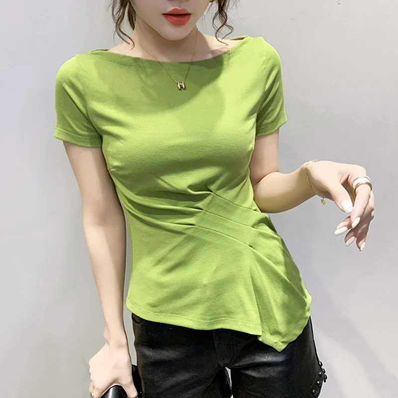 

#7447 желтая, зеленая, красная, белая ассиметричная футболка со складками, Женская хлопковая Футболка со складками, сексуальная Базовая футболка, Женская облегающая повседневная женская футболка